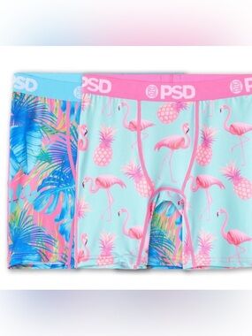 PSD Boys Youth Medium 8 Boxer Briefs 2 Pack Flamingo Palm Tropical Print NIP
